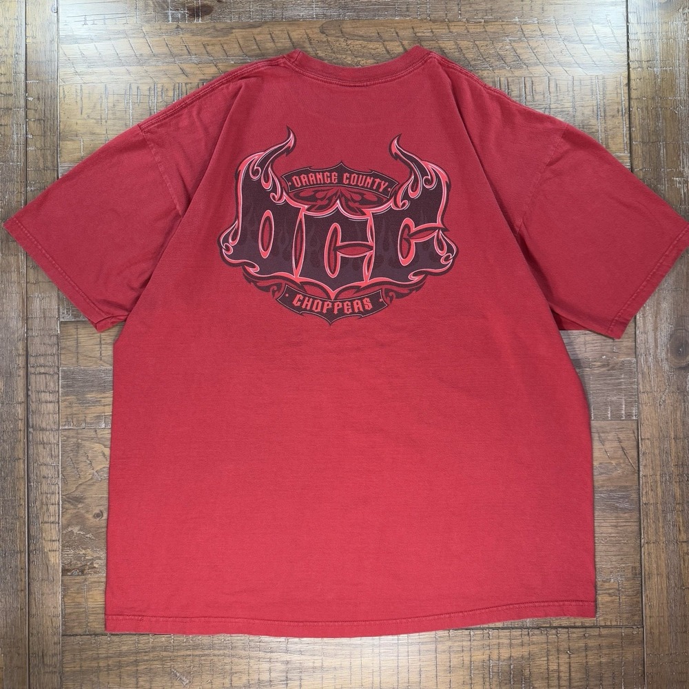 VTG Y2K Orange County Choppers Red Sz XL/XXL Heavyweight Flames 2 Sided Print
